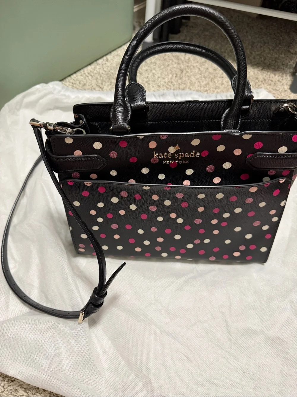 kate spade Black Leather Crossbody Tote with Pink and Cream Polka Dots